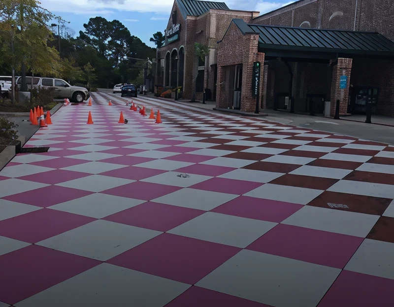 Large outdoor checkered floor with cones and people in the background.